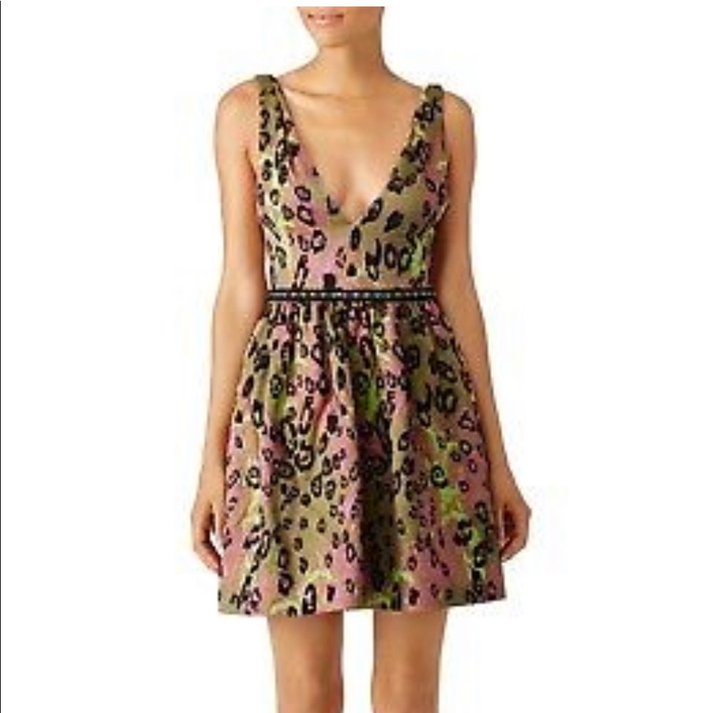 Marchesa NOTTE Women's Dress Green Size 2 Sheath Jacquard Leopard